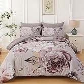 Dintszyayue Floral Comforter Set King Size 7 Pieces Elegant Taupe Flower Bed in a Bag, Soft Comforter Set for All Season with Flat Sheet, Fitted Sheets, Pillowcases & Shams
