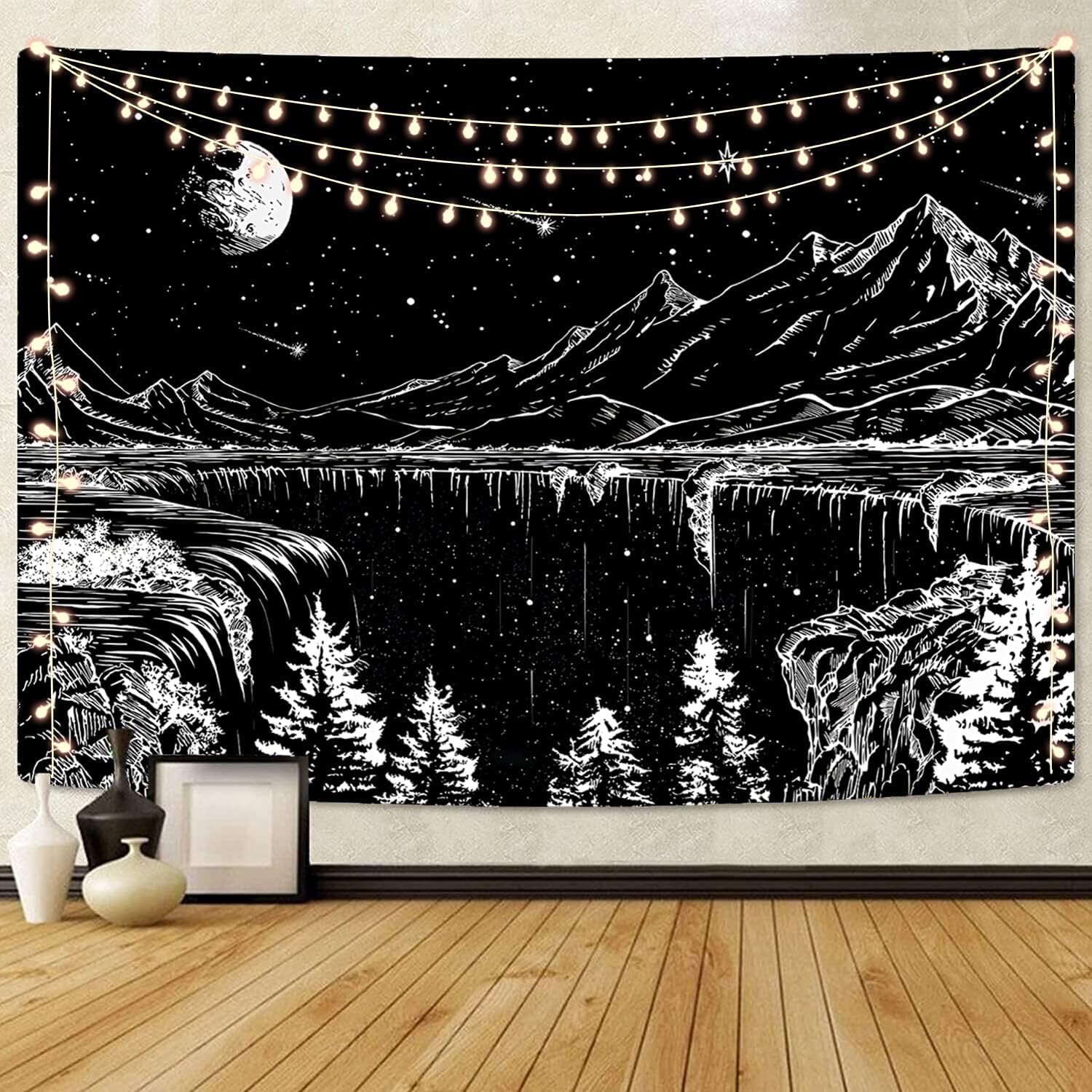 Simpkeely Black and White Tapestry Starry Night Tapestry Mountain Moon Stars Wall Hanging Tapestries for Bedroom Living Room - 180cm x 230cm