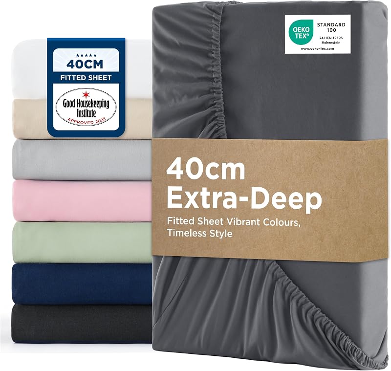 Bedsure Super King Fitted Sheet 40 cm Deep Pocket Dark Grey 180x200cm