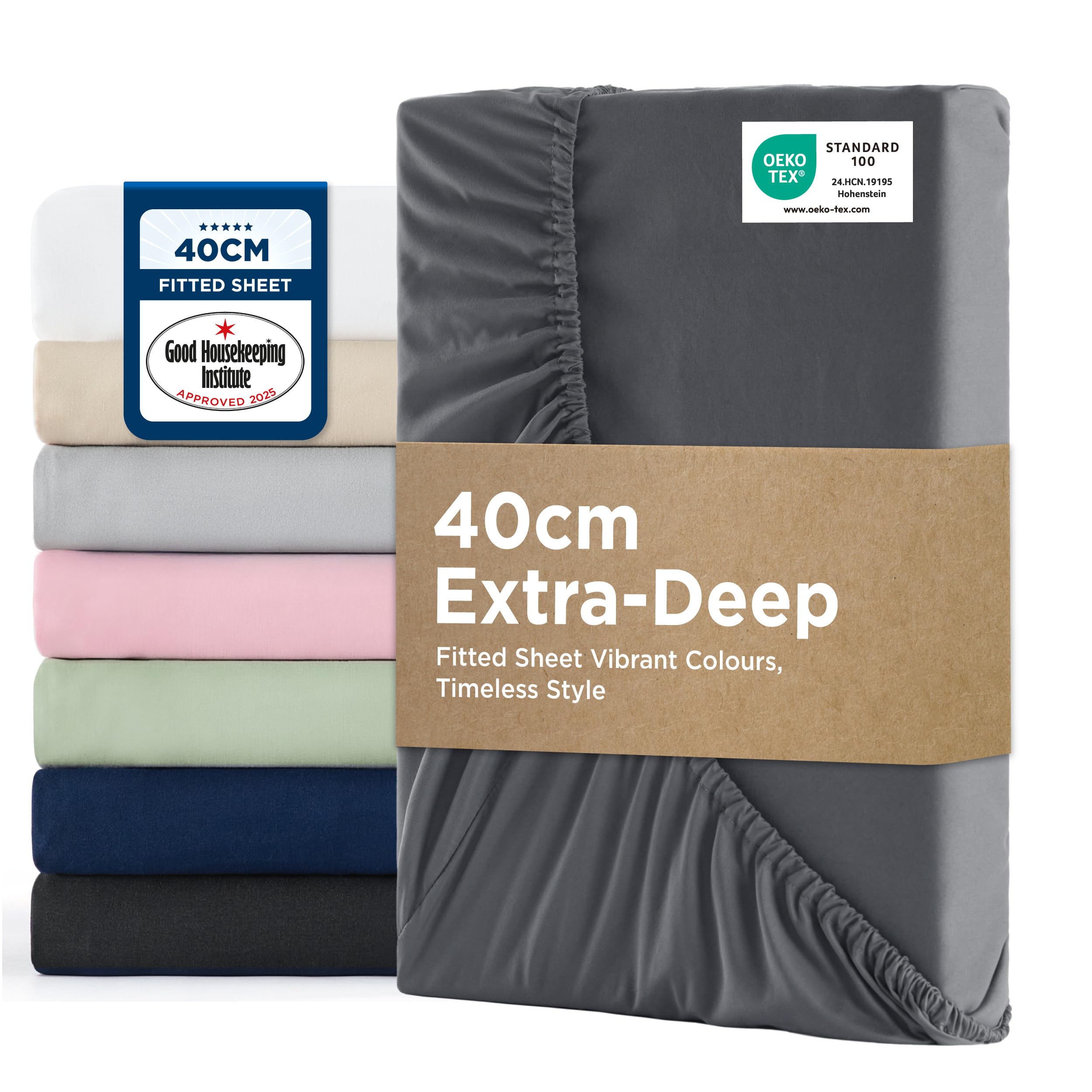 Bedsure Super King Fitted Sheet - Bed Sheets Extra Deep Pocket 16 inch (40 cm) made of Soft Brushed Microfiber for Super King Bed, Dark Grey, 180x200cm