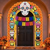 3 Pcs Dia De Los Muertos Decorations Day of the Dead Door Banner | Mexican Fiesta Porch Decor, Hanging Arch Wall Outdoor Decoration, for Outdoor Indoor Day of the Dead, Halloween Party Decor