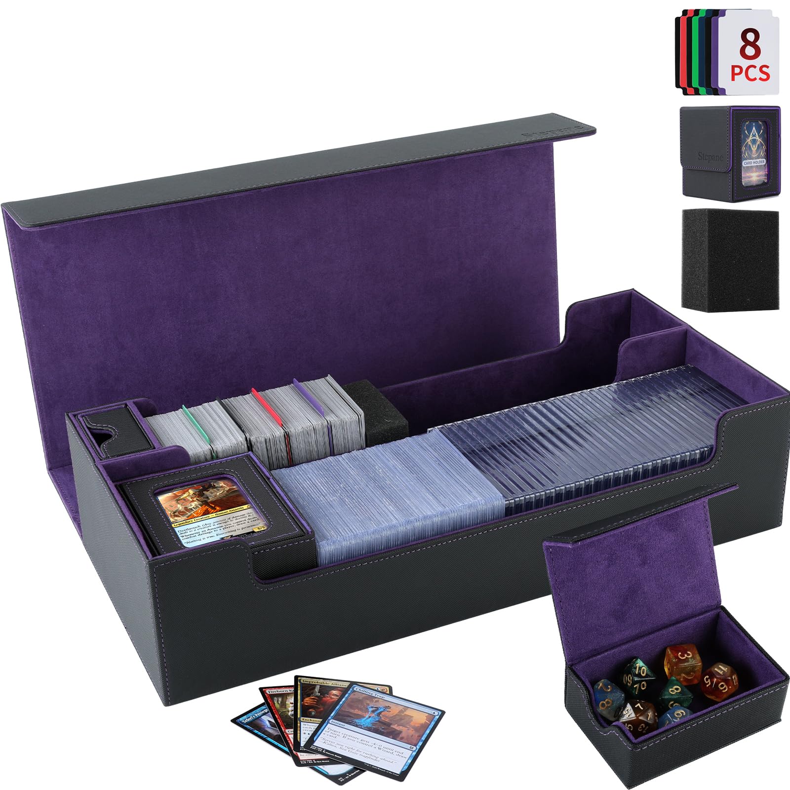 Photo 1 of Trading Card Storage Box, 2200+ MTG Deck Box Magnetic Closure Commander Deck Box, Holds 5 Small Deck Boxes, Includes 1 Random-Color Small Box, 8 Dividers, 1 Foam Stopper, 1 Toploader, Black/Violet
