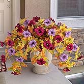 Ammyoo Artificial Fall Flowers Fake Petunias Plants for Outdoor Decoration, 2 Pcs Silk Faux Flowers UV Resistant No Fade Plants for Garden Balcony Yard Porch Realistic Indoor Decor (Burgundy Purple)