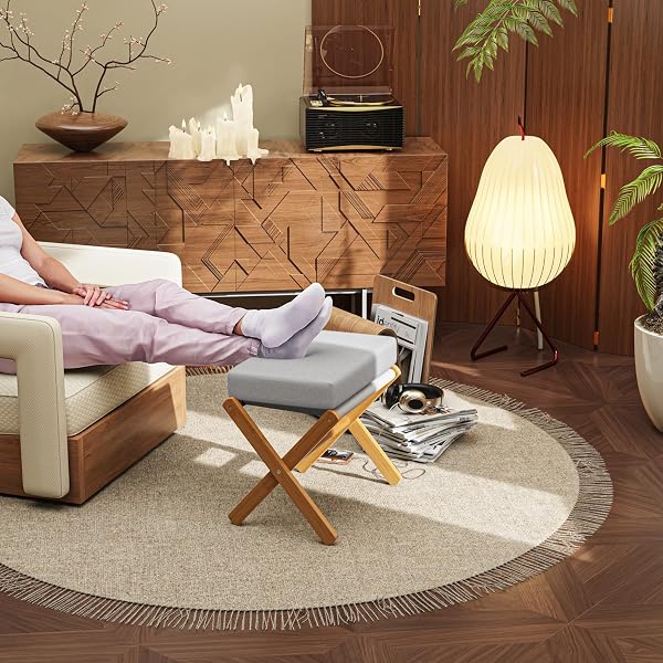 BAMBOOHOMIE FOLDABLE FOOT STOOL OTTOMAN, MODERN FOOT REST WITH BAMBOO X LEGS & THICK FOAM CUSHION, FOLDING FOOT STOOLS SMALL PADDED FOR BEDROOM LIVING ROOM, FOOTSTOOL FOR CHAIR COUCH (NATURAL – GREY)