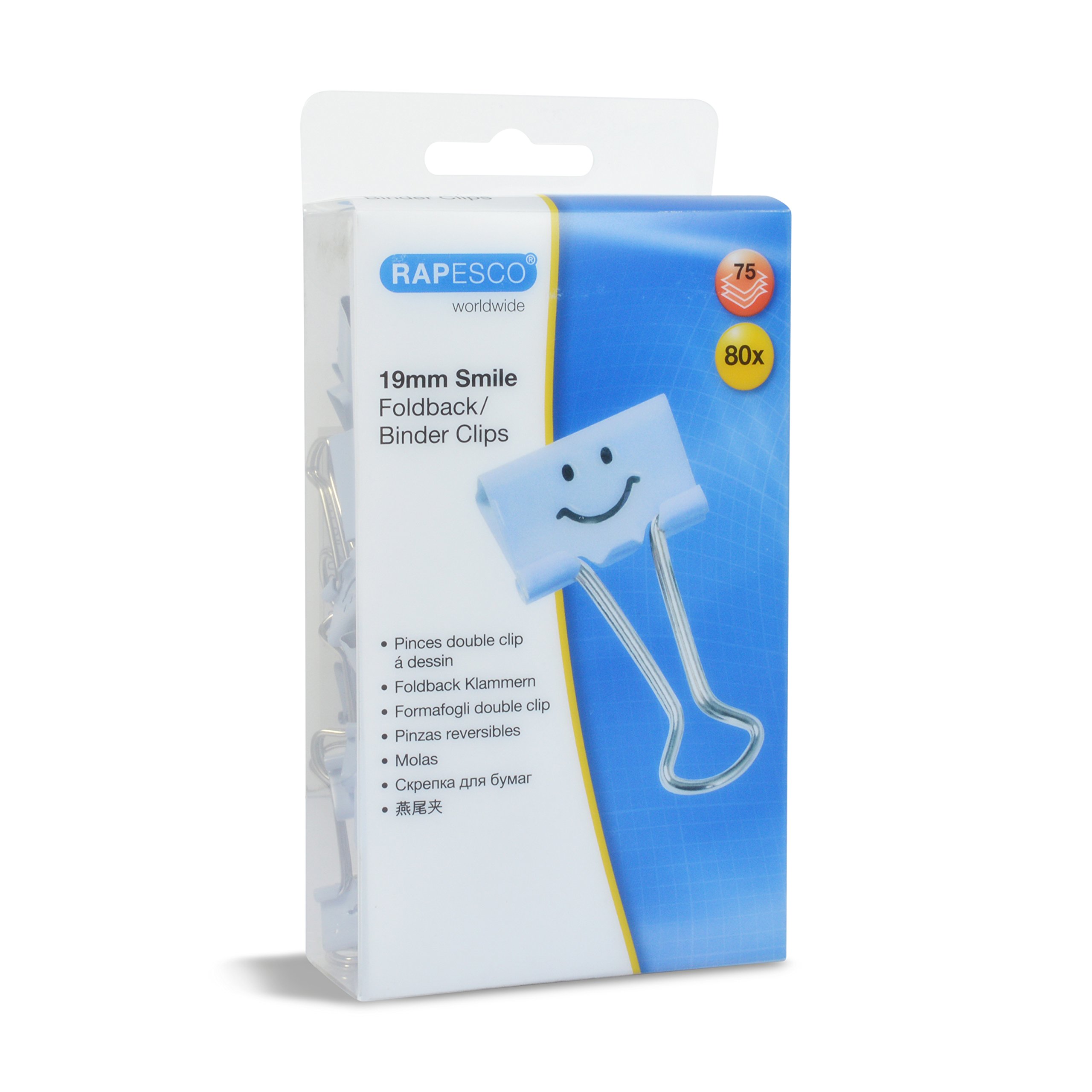 Rapesco 1424 19 mm Smiles Foldback Clips, Powder Blue, Pack of 80