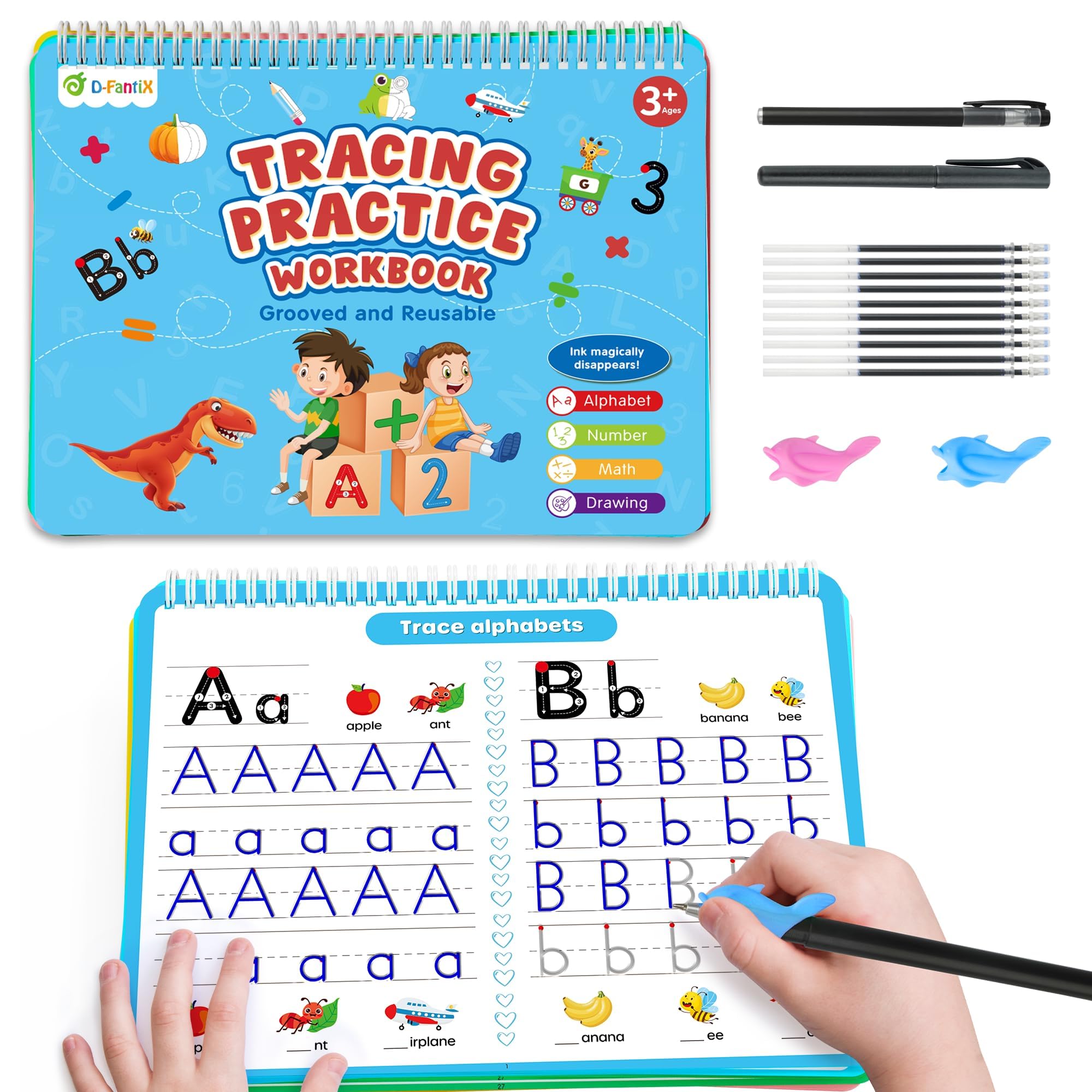 D-FantiX 4 in 1 Large Magic Grooved Writing Practice for Kids Age 3-5, Reusable Grooved Handwriting Practice for Kids 5-7, Learn to Write Number Letter Tracing Books for Kids Kindergarten Preschool