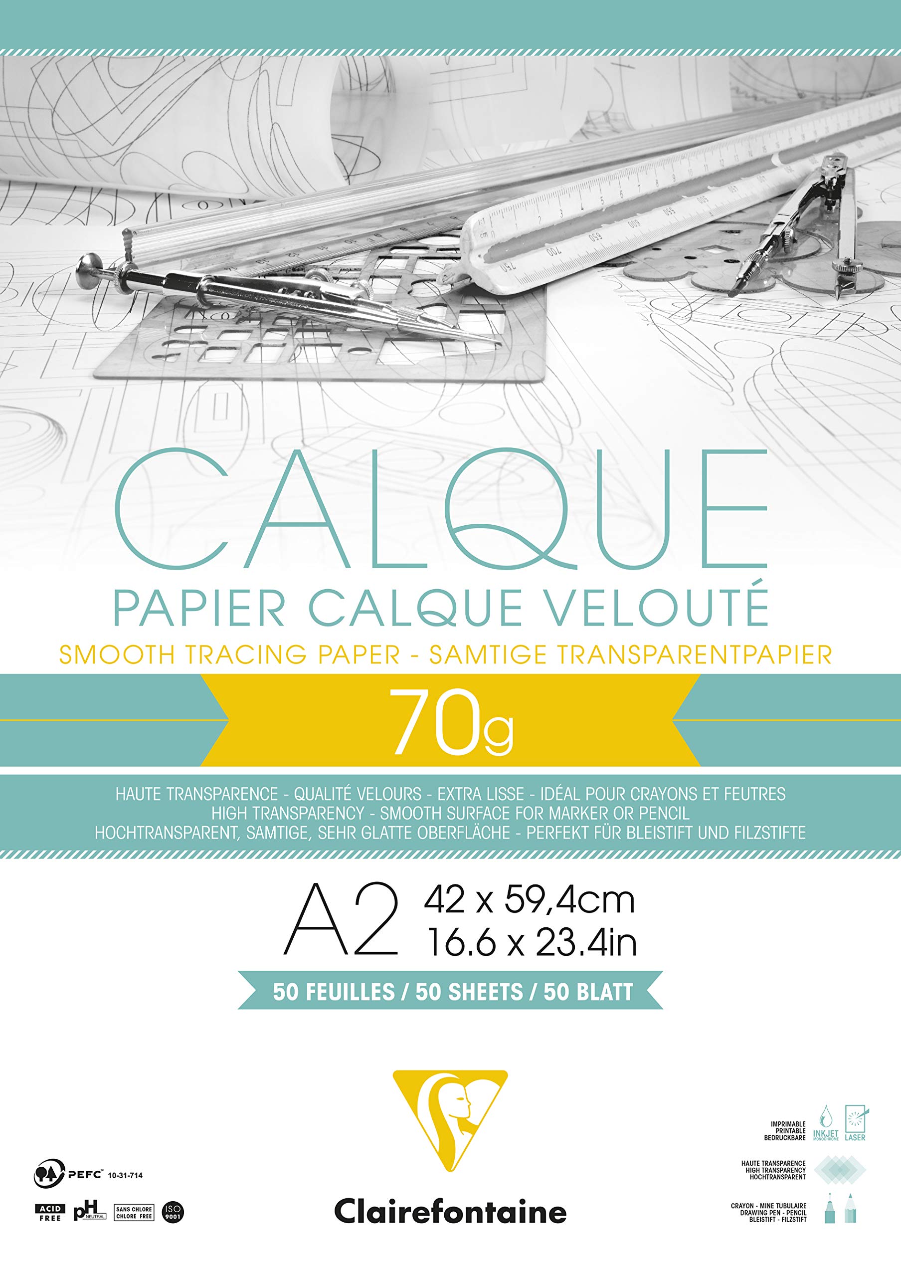 Clairefontaine - Ref 975089C - Tracing Paper Pad (50 Sheets) - A2 Sized, 70/75g, High Transparency, Smooth Surface, Acid Free, Printable - Suitable for Ink, Marker & Pencil