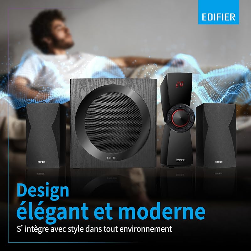 CX7 - Pack d'enceintes multimédia 2.1, 69W, avec Bluetooth V5.0, subwoofer de 21 cm (8 Pouces) et télécommande Infrarouge : Parfait pour la télévision, Le PC, l'ordinateur Portable, etc.