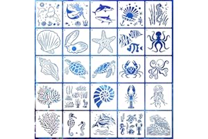 EAGEUS 6 Inch Sea Life Stencils Reusable Ocean Stencils for Painting on Wood, 25 Pieces Sea Creatures Stencil DIY Craft Template for Painting on Furniture, Canvas, Wall, Home Decor(Ocean)