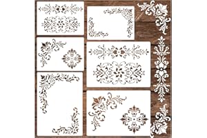 HUAHUI Corner Stencils for Painting, Vintage Damask Border Stencil Template Reusable Corners Damask Furniture Stencils for Wood Canvas Paper Fabric Floor DIY Craft (6pcs Corners)