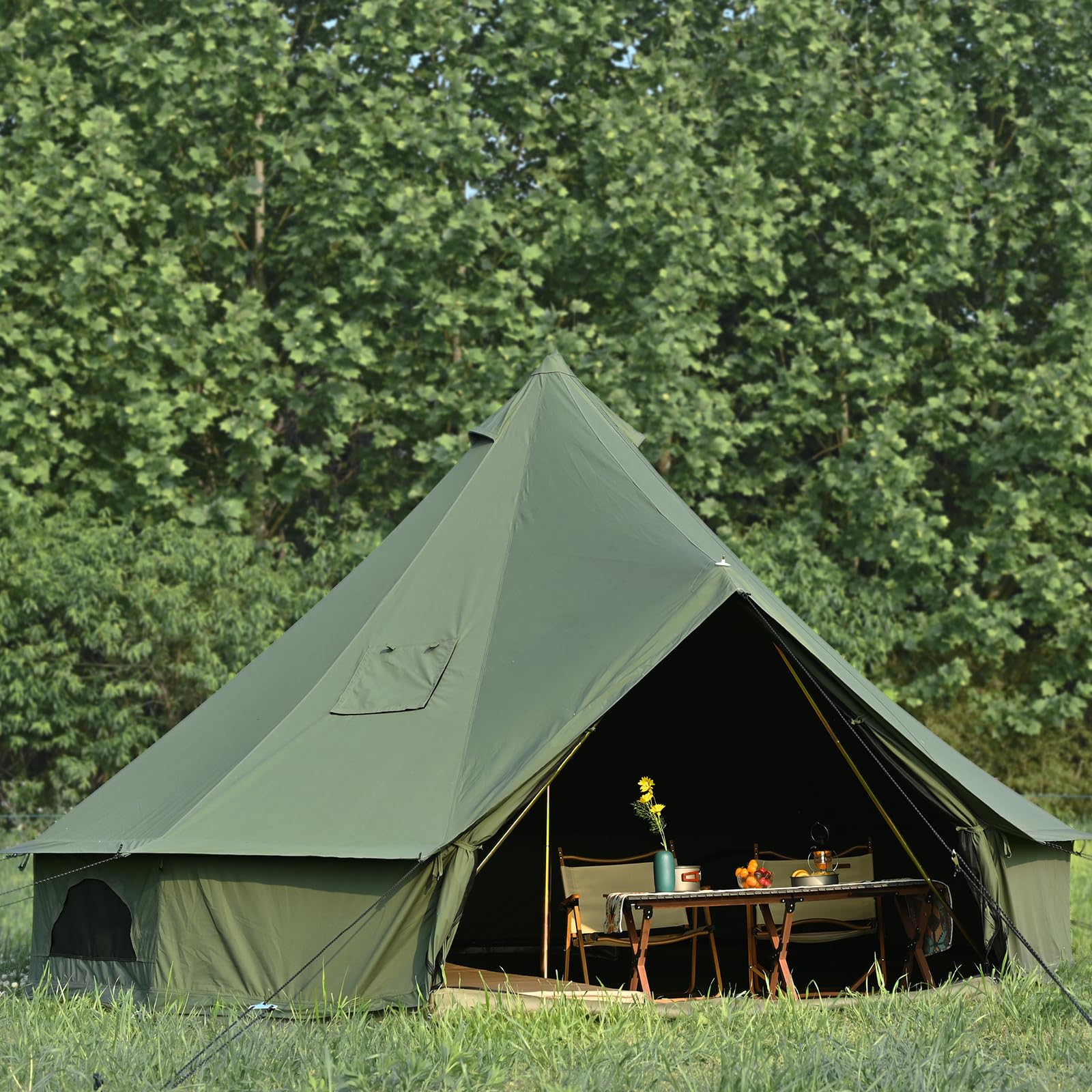 Photo 1 of WaldZimmer Canvas Bell Tent 16.4ft Green with Stove Jack and Zipped Removable Floor, Luxury Outdoor Glamping Yurt Cotton Tent for Family Truck Car Camping Hunting Party