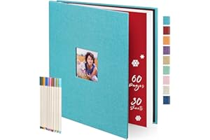 Colemoly Self-Adhesive Photo Album Scrapbook 60 Sticky Pages (13x12.6inch) Large SkyBlue Linen Picture Book for 2x3 3x5 4x6 5x7 6x8 8x10 10x12 Pictures with 10 Metallic Pen Acid Free Pages