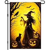 BlissYard Halloween Garden Flag Witch Holding Lantern Black Cat Pumpkin Decor 12x18 Inch Outdoor Yard Flag Seasonal Sign Double Sided Holiday Porch Decoration For Trick Or Treat Lawn Autumn Banner