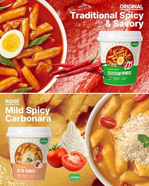 JOAYO ORIGINAL+ROSE TTEOKBOKKI RICE CAKES W/SPICY & RICH FLAVORFUL SAVORY SAUCE [2-CUPS] AUTHENTIC KOREAN STREET FOOD TRADITIONAL K-FOOD INSTANT MICROWAVABLE SNACK 2 DIFFERENT FLAVORS COMBO PACK