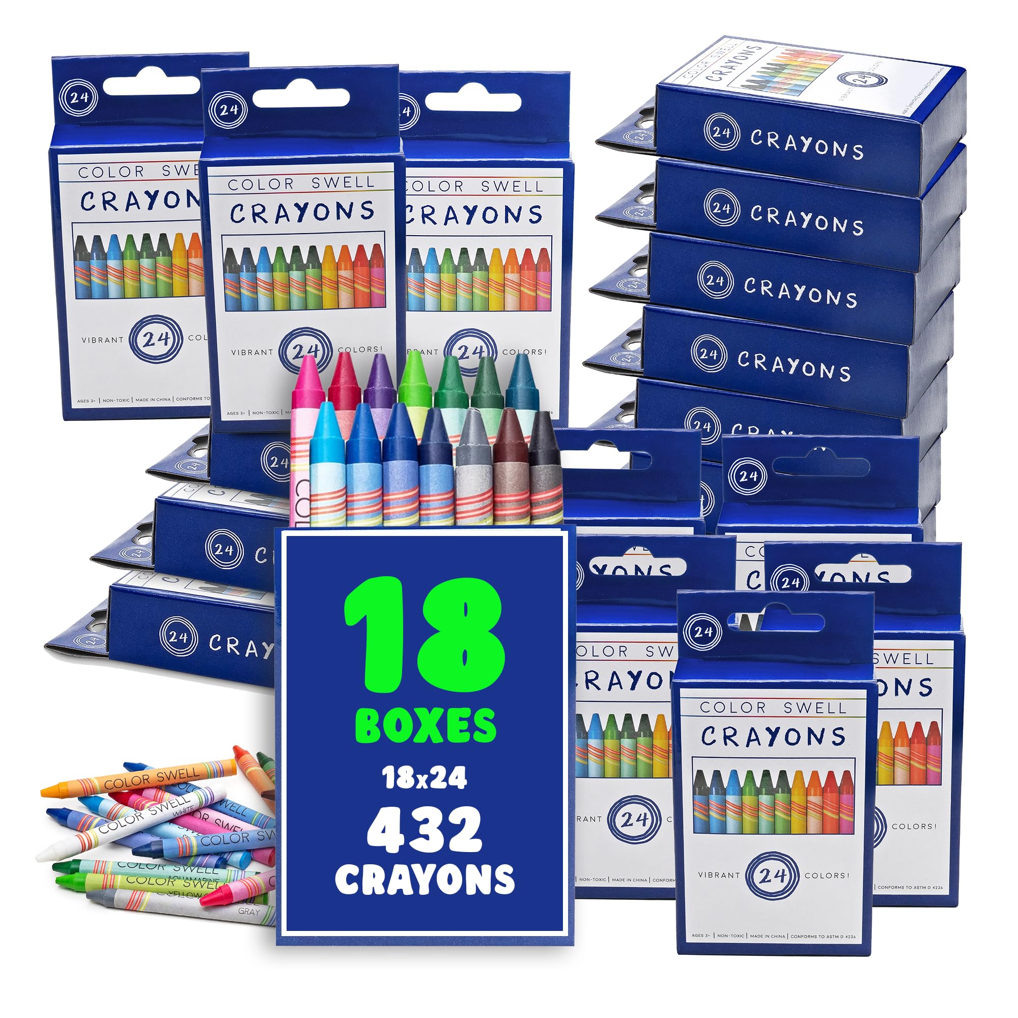 Color Swell Crayons Bulk Packs – 18 Boxes of 24 Vibrant Colored Crayons of Teacher Quality Durable Classroom Pack for Kids Students Party Favor