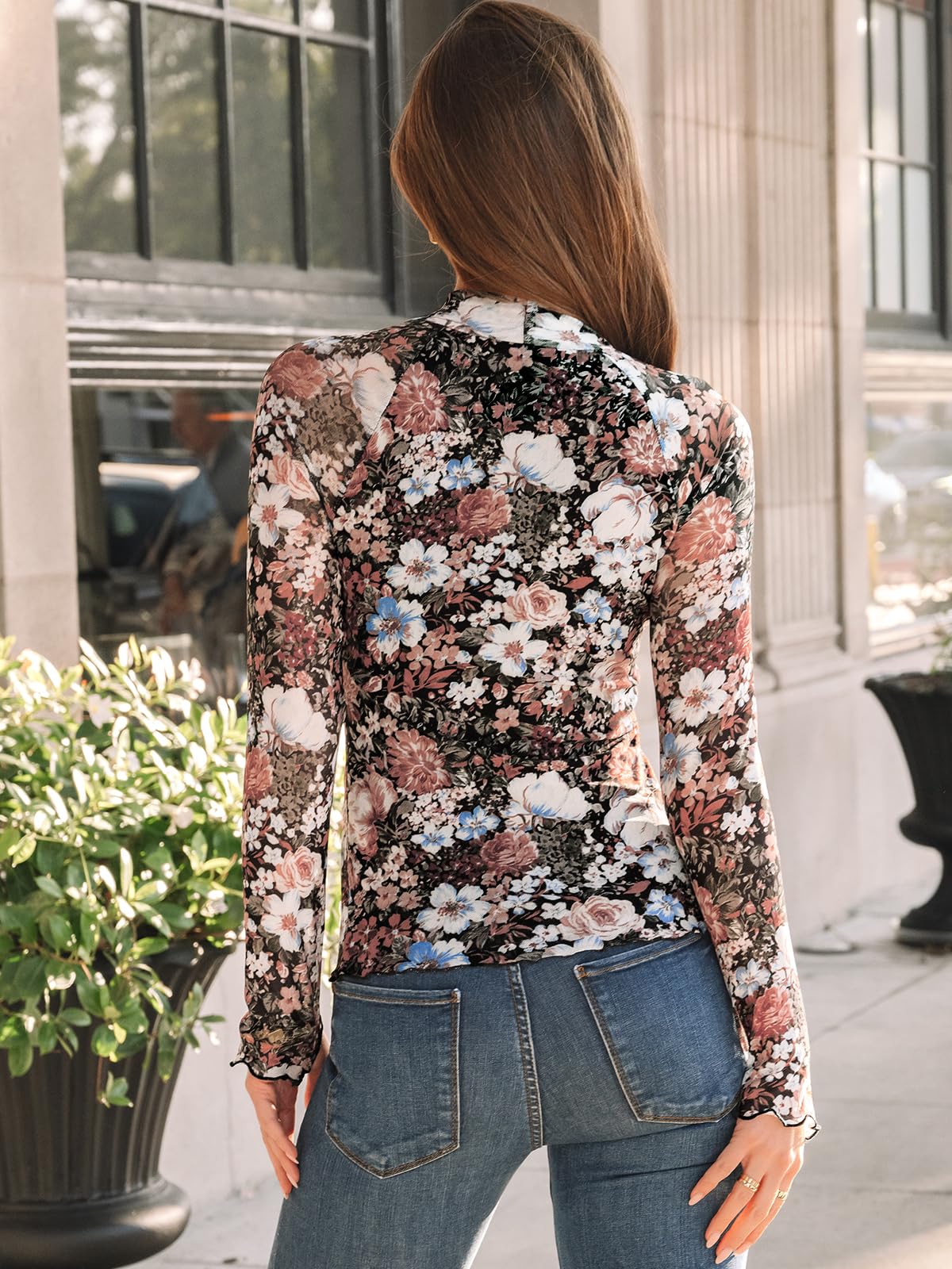 Dealmore Lace Sheer Long Sleeve Floral Mesh Mockneck Trendy Cute Going Out Tops for Women Fall Fashion Outfits 2025 Clothes