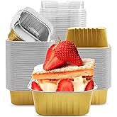 Zmpkhba 100 Pack 5 OZ Mini Cake Pans with Lids, Disposable Aluminum Foil Baking Cups, Mini Square Aluminum Foil Muffin Tin Ramekins, Cupcake Molds Containers for Bread, Birthday, Party, Wedding, Gold