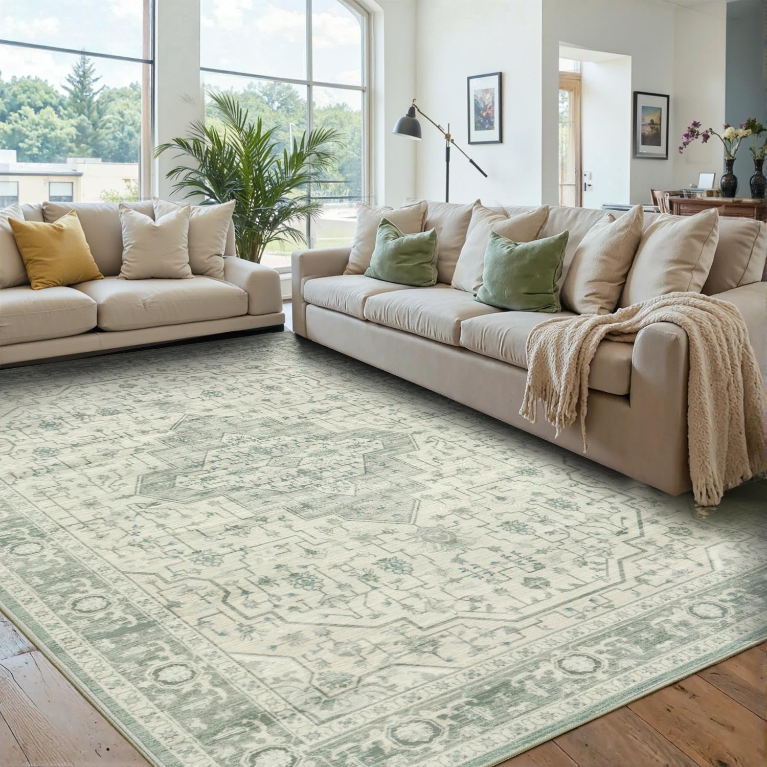 Rugxara 6x9 Washable Area Rug for Living Room, Vintage Large Boho Rugs for Office, Dining Room, Kids Room, Farmhouse, Durable Low Pile Non Slip Carpet for High Traffic Areas, Sage Green Image