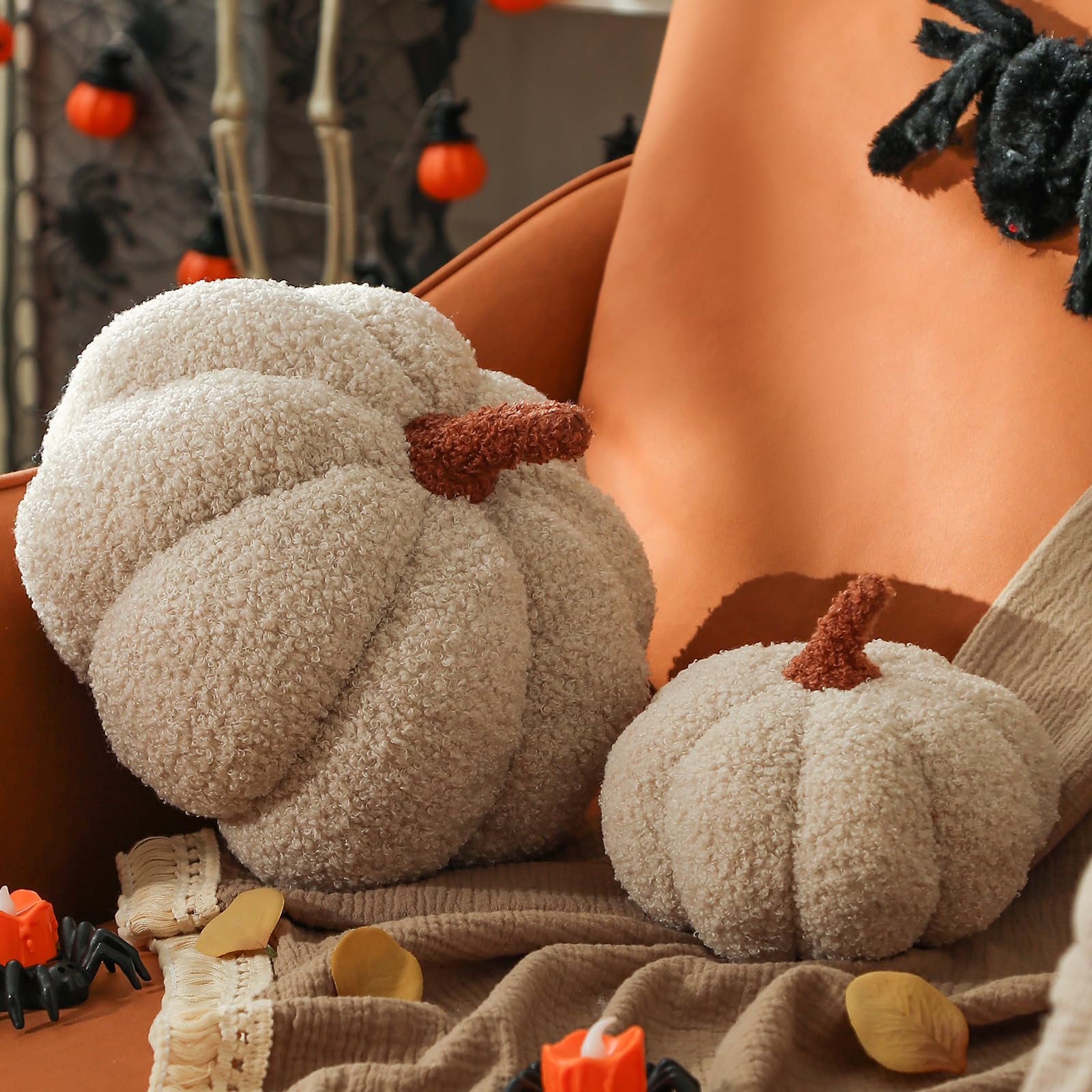 Photo 1 of YRXRUS Pumpkin Pillows, Halloween Pumpkin Pillow Set of 2, Off White Throw Pillows Fall Room Decoration, Teddy Fleece 6x12&4x7 Inches Accent Cushion Gifts for Holiday