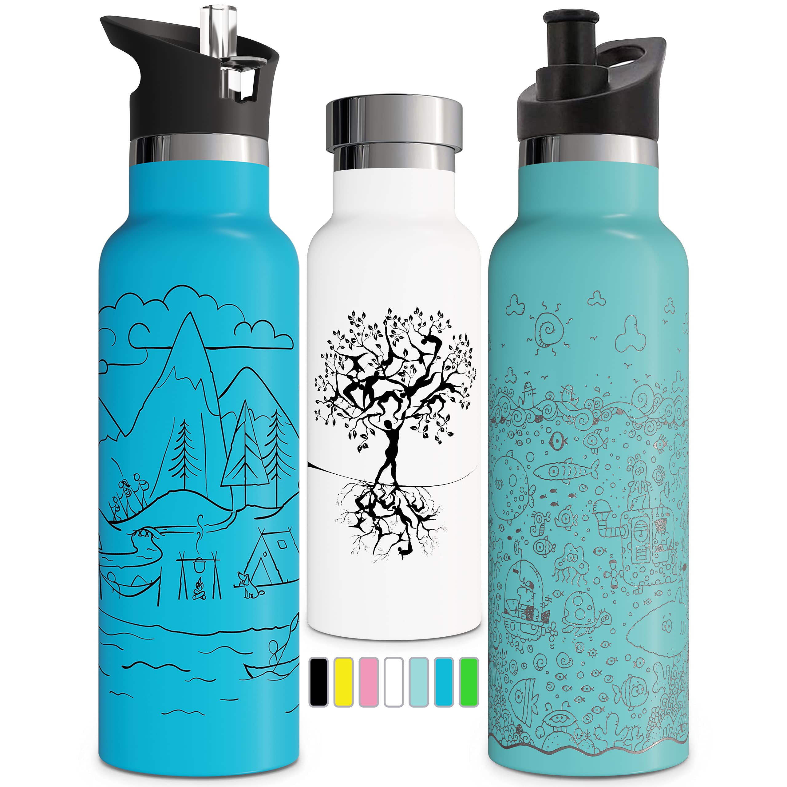 Double Insulated Water Bottle with BPA Free Straw Lid & Sports Cap | Stainless Steel Eco Friendly Non Sweat Durable Finish 500ml / 600ml / 750ml Metal Hydro Thermos (750 ml, White)
