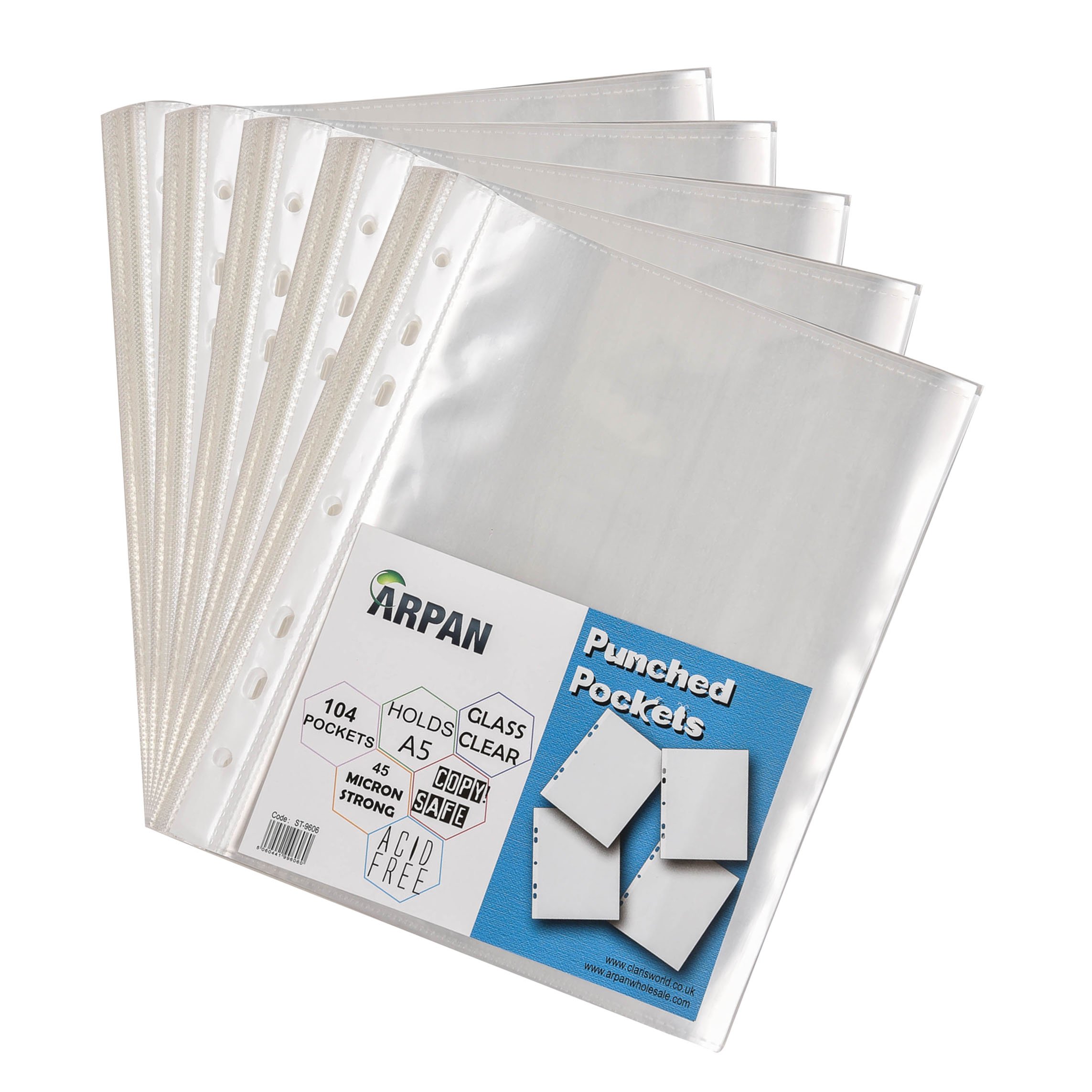 Punch Pockets - Arpan Strong Transparent Poly Punched Pockets Sleeves top-Opening Document Wallets (A5 - Clear 104 X 5 Pack)