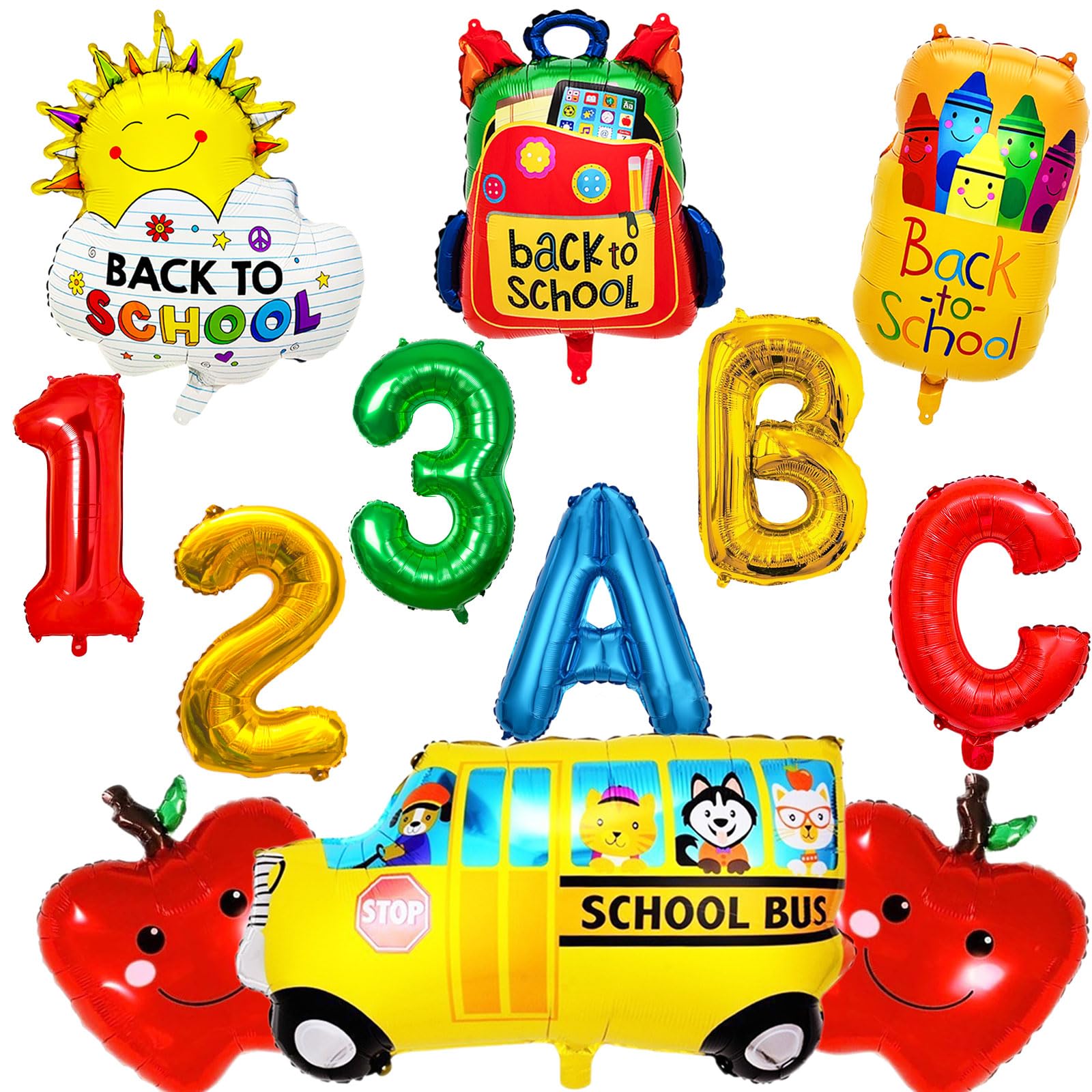 Photo 1 of 12 PCS First Day of School Balloons School Bus Balloon Apples Crayon Balloons for Kindergarten Classroom Home Back to School Party Decorations