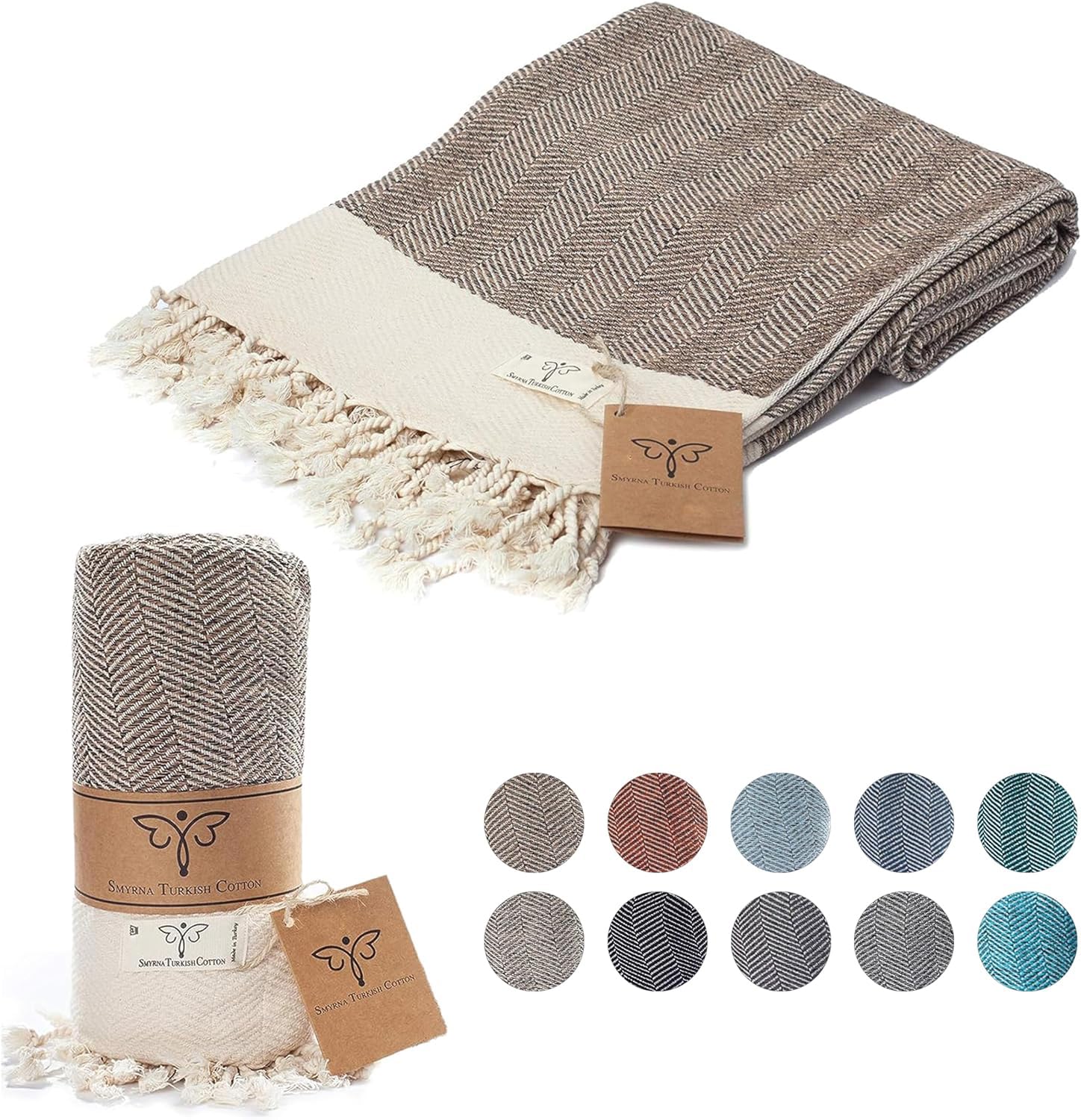 SMYRNA TURKISH COTTON Herringbone Series Throw Blanket 100% Cotton | Large 127x152cm Wearable Cosy Blanket | Made in Turkey | Machine Washable|Premium Luxury Bath Towel&Picnic Rug-Latte