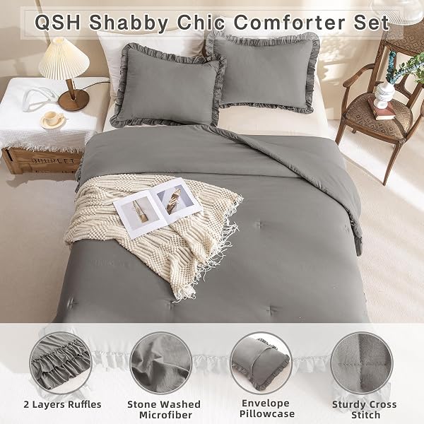 QSH SHABBY GREY RUFFLED CHIC COMFORTER QUEEN SIZE, FARMHOUSE BOHO BEDDING COMFORTER SETS, 3 PIECES ALL SEASON MICROFIBER INNER FILL BEDDING, ULTRA SOFT LIGHTWEIGHT COMFORTER QUEEN FOR BED