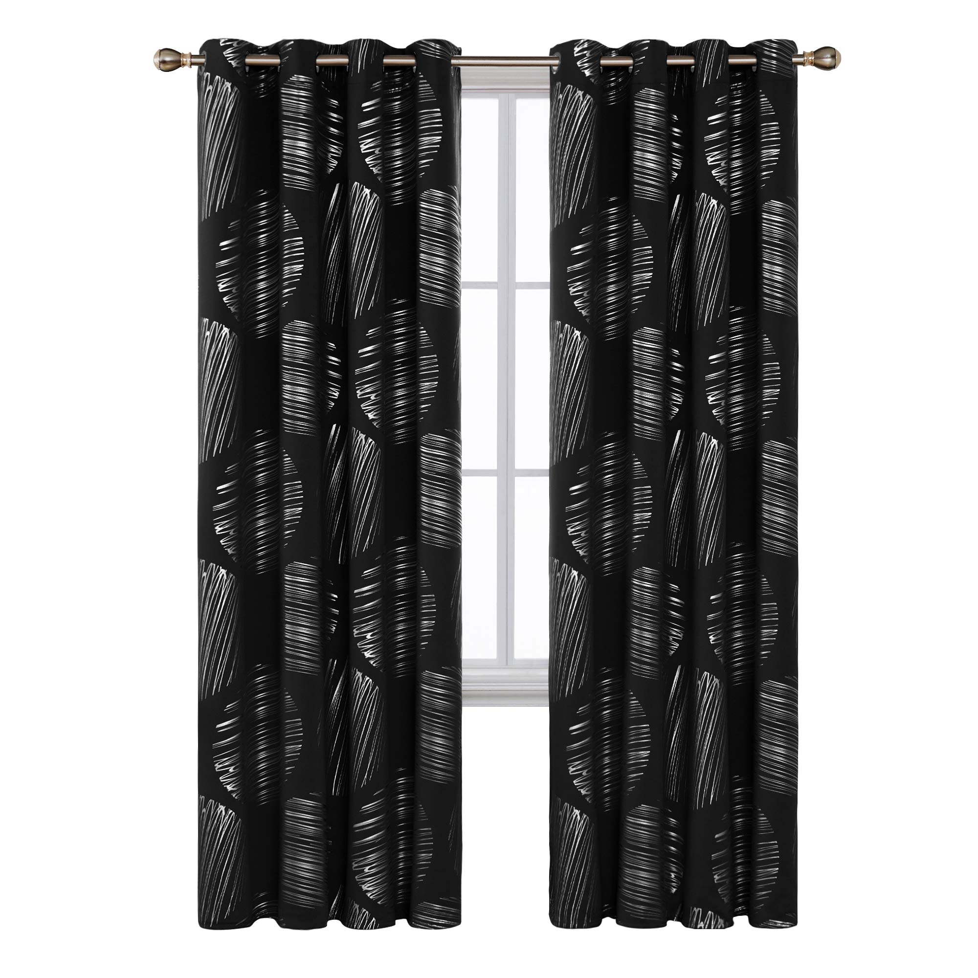 Deconovo Ring Top Thermal Insulated Curtains Circel Pattern Foil Printed Window Treatment for Bedroom, Polyester, Black, 46 x 90 Inch