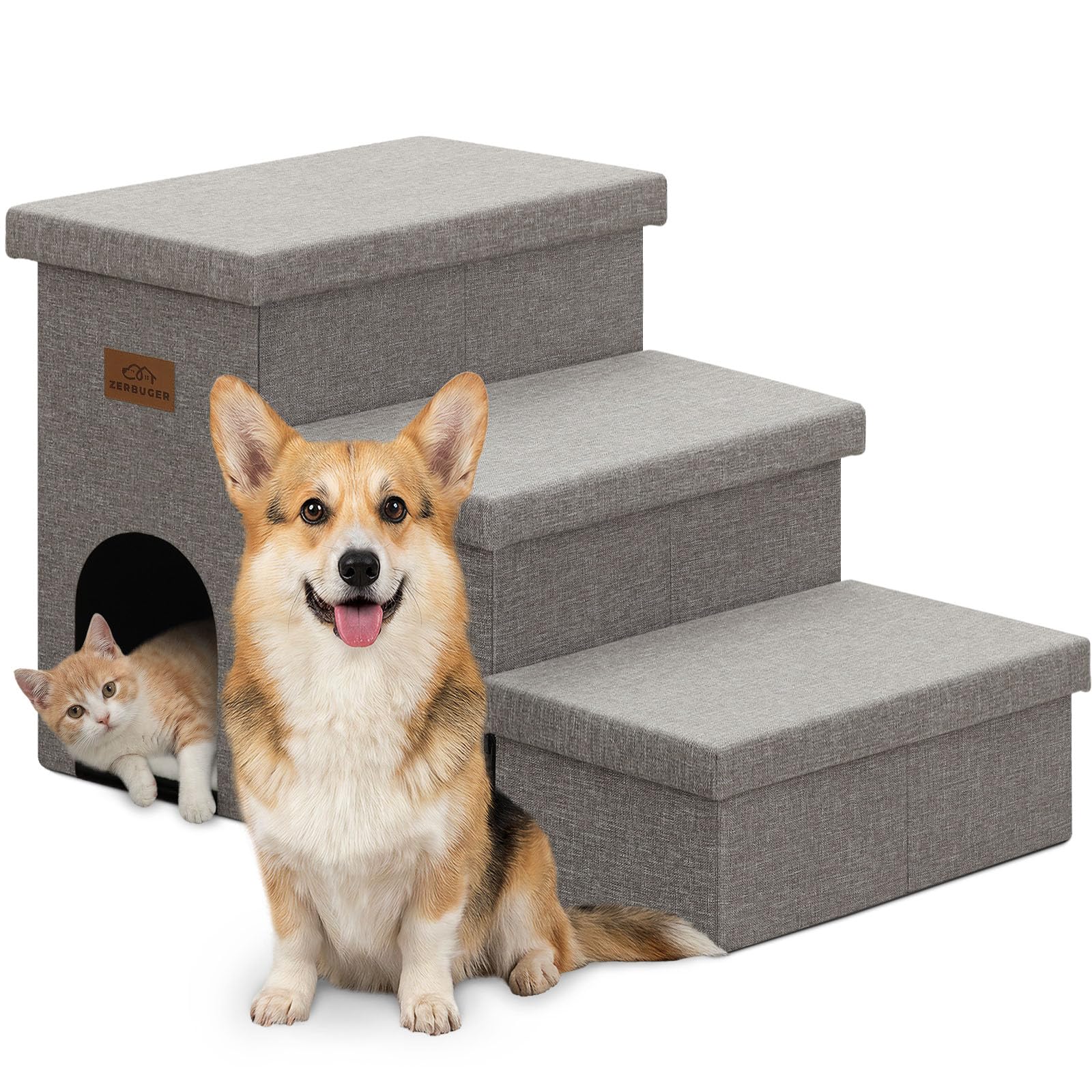 Zerbuger Dog Stairs 18" H, 3-Step Wider Dog Steps for High Beds Couch, Folding Storage Pet Stairs Gift for Small/Medium/Large Old Dogs Cats, Ramp for Climbing Car Up to 200 lbs, (Gray, with Condo) Image
