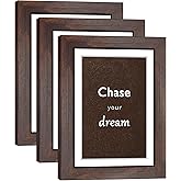 DEKWINN 5x7 Walnut Picture Frame Set of 3 with Real Glass for Pictures 4x6 with Mat or 5x7 Without Mat, Wall or Tabletop Gallery Photo Frames