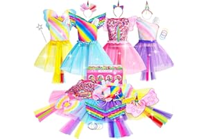 Jeowoqao Girls Princess Dress up Trunk Set 19 Pcs, Rainbow Unicorn Costume Set, Toddler Girls Dress up Clothes Pretend Play Costumes Set for Little Girl Ages 3-6