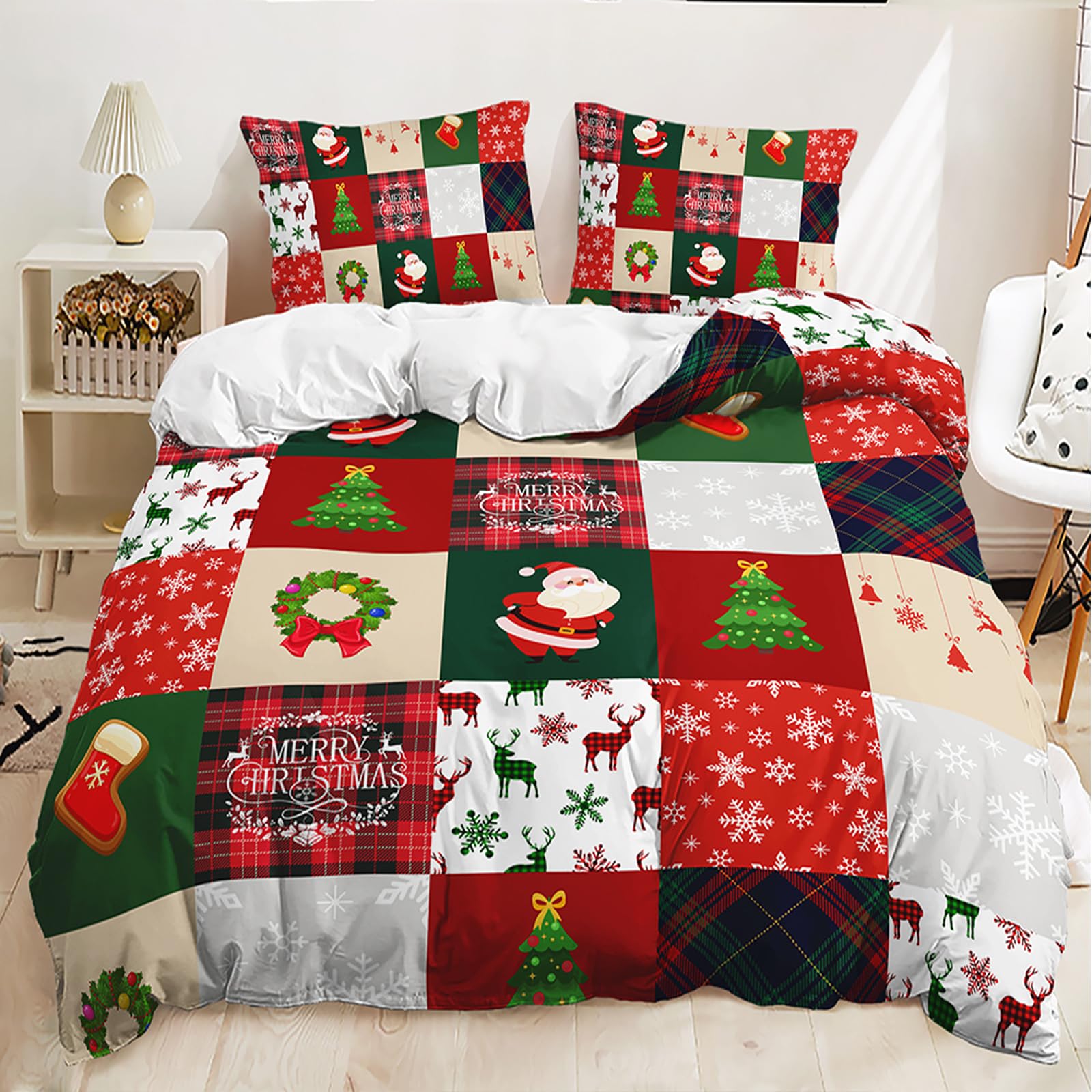 Lunoroey Christmas Bedding Duvet Cover Set Kids Boys Girls Santa Christmas Tree Reindeer Print Plaid Quilt Cover Comforter Cover Bed Sets Gift for Xmas Double 200x200 cm