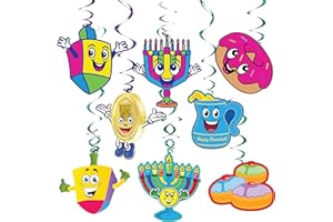 IZZY 'N' DIZZY Hanukkah Swirl Decorations - 8 Foil Swirls with 8 Hanukkah Cutouts - Menorah, Dreidel and Gelt Hanukkah Decorations - Multicolored Chanukah Décor
