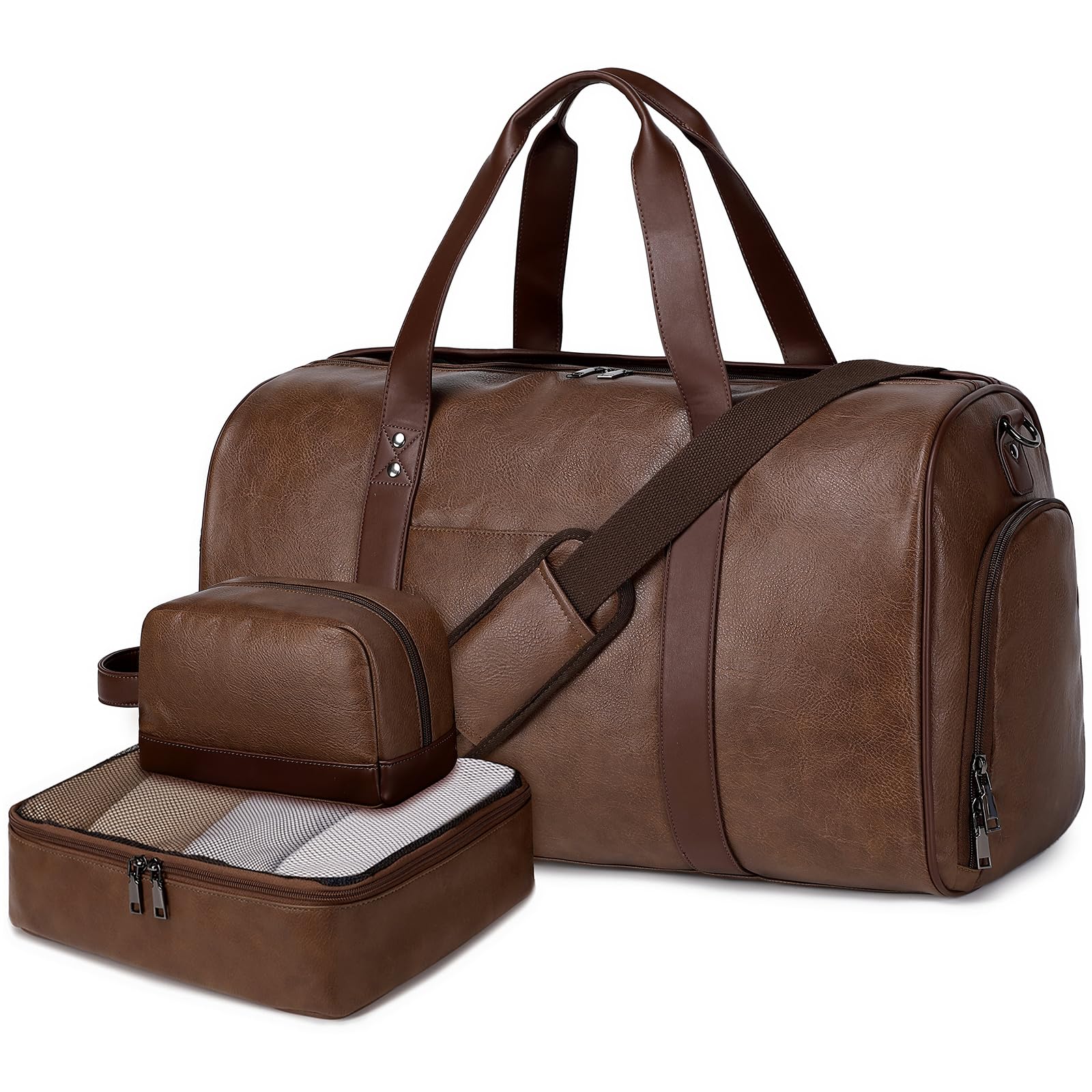 Photo 1 of Wogarl 3PCS Faux Leather Weekender Bag for Women Men Large Overnight Travel Duffel Bags with Shoe Compartment Toiletry Packing Cube Carry On Duffle Fit 21" Laptop(Coffee)