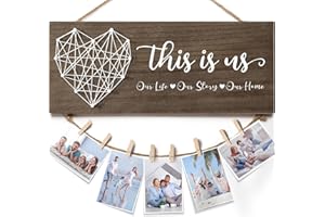 MAYICIVO Christmas Gifts for Mom Women, Housewarming Gifts New Home Wall Decor Sign, This Is Us Family Picture Frame Wedding Gift for Couples Farmhouse Rustic Wood Hanging Photo Holder, Gift for New Homeowner