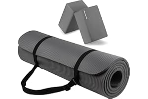 Fitvids All Purpose 1/2-Inch Extra Thick High Density Anti-Tear Exercise Yoga Mat with Carrying Strap and Yoga Blocks, Multiple Colors