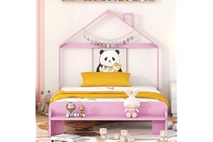 Harper & Bright Designs Full Size Bed Frame for Kids,Wood Full Bed with House-Shaped Headboard and Footboard Bench, Full Size Platform Bed for Girls Boys,No Box Spring Needed,Pink