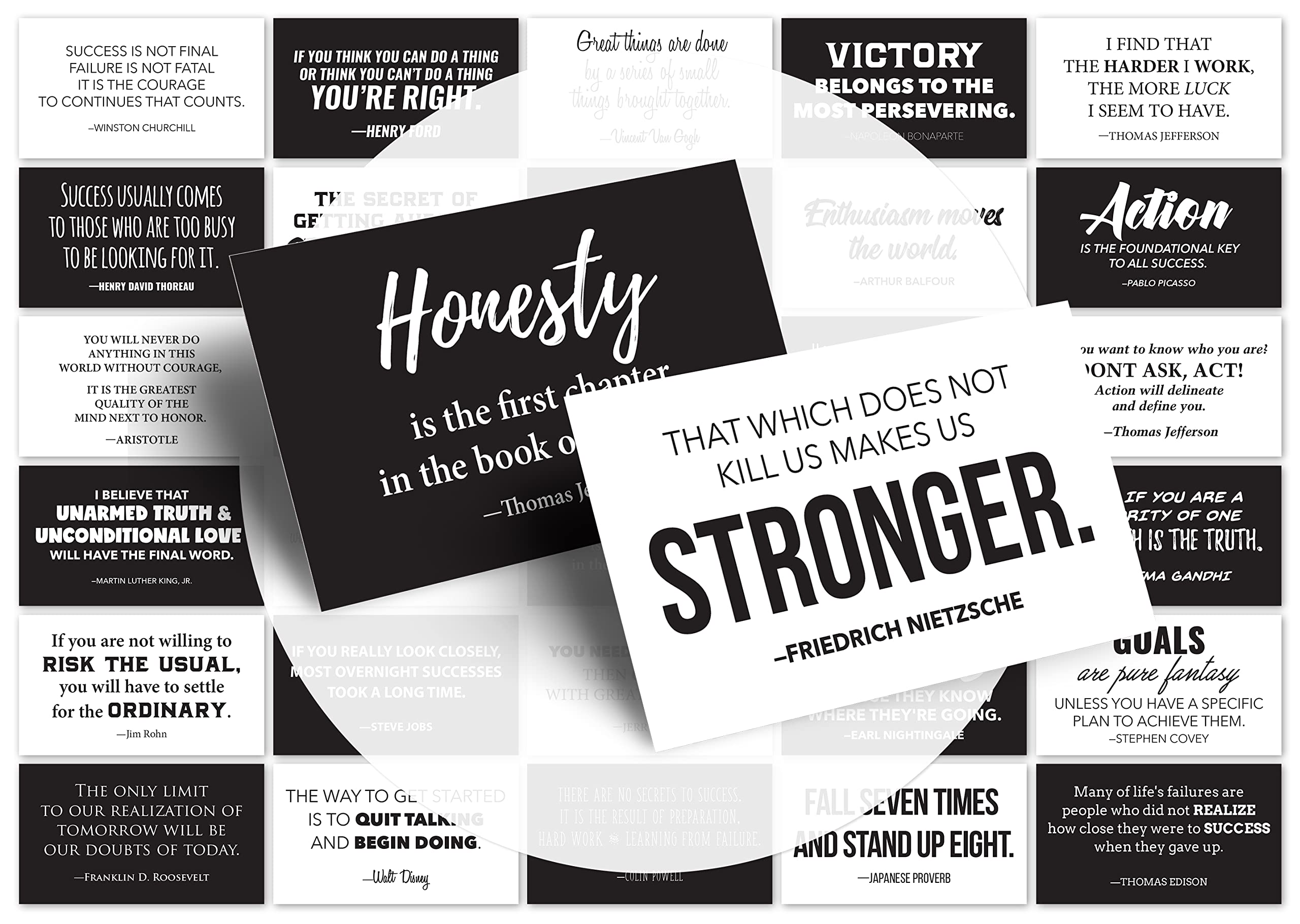 Focus and Zeal Motivational and Inspirational Success Quote Cards in Black and White by Historically Famous Leaders and Innovators - Business Card Size, 30 pcs