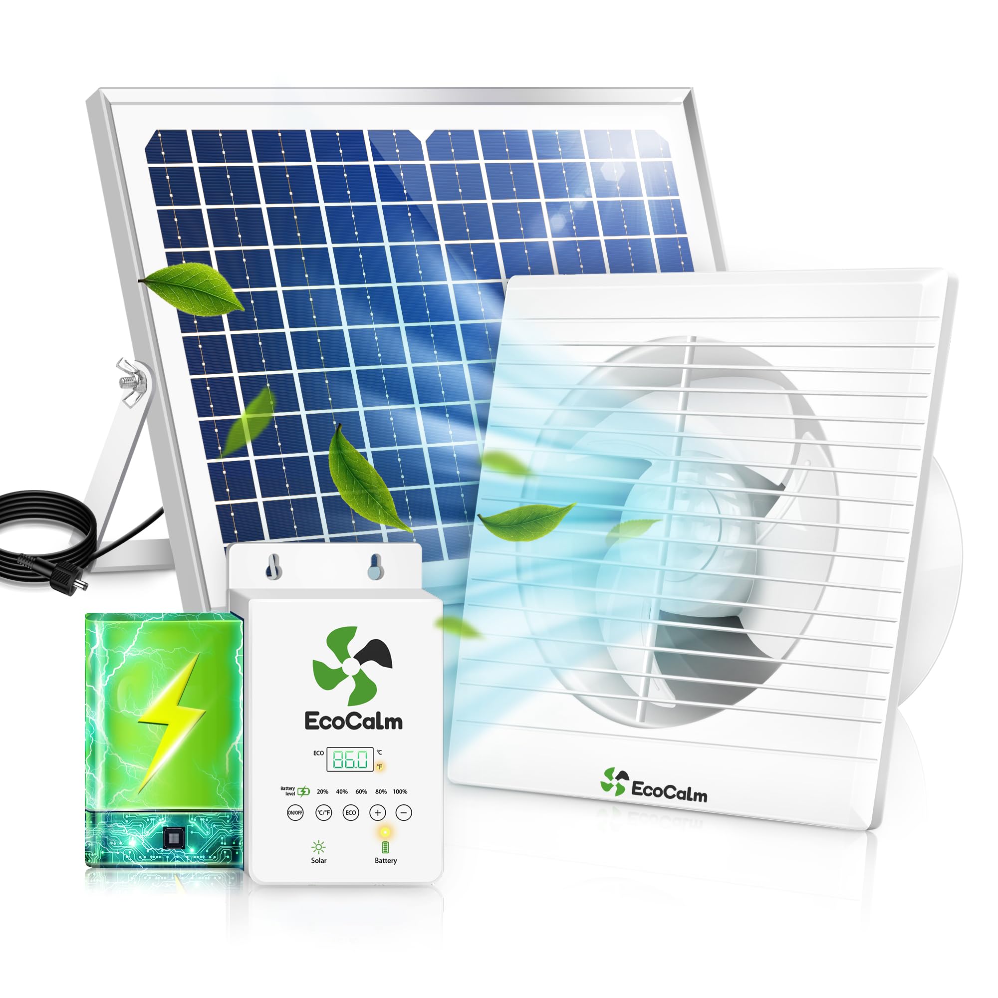 Photo 1 of ecoCalm Solar Fan with Battery and Adjustable Thermostat, 8" Solar Powered Fans for Shed with 25W Bifacial Solar Panel & Exhaust Fan for Greenhouse/Outside with Anti-backflow Valve