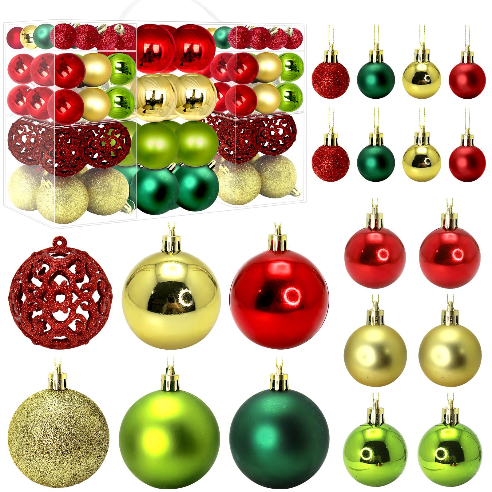 View 1 of 100 Pcs Christmas Balls Ornaments for Christmas Tree Decorations Red Green Gold Christmas Ornaments Balls 3 Sizes