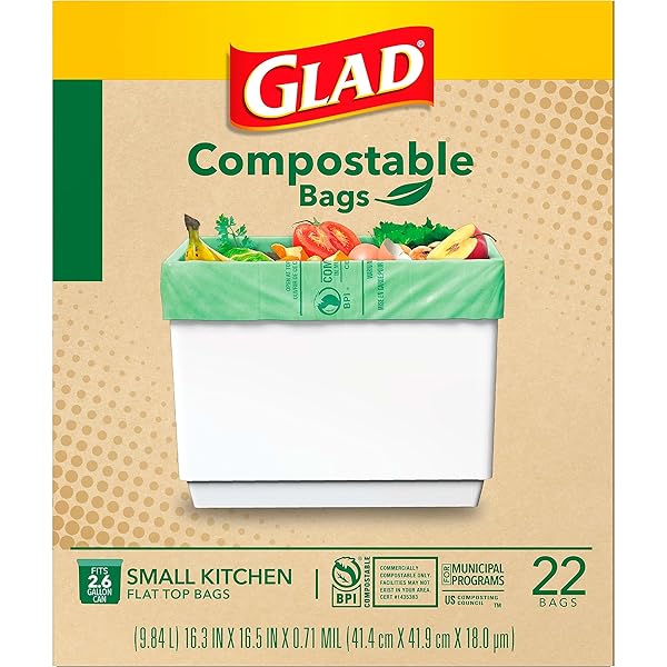 GLAD KITCHEN COMPOST BAGS, 2.6 GALLON SMALL FLAT TOP BAGS, UNSCENTED, 22 COUNT (PACKAGE MAY VARY)