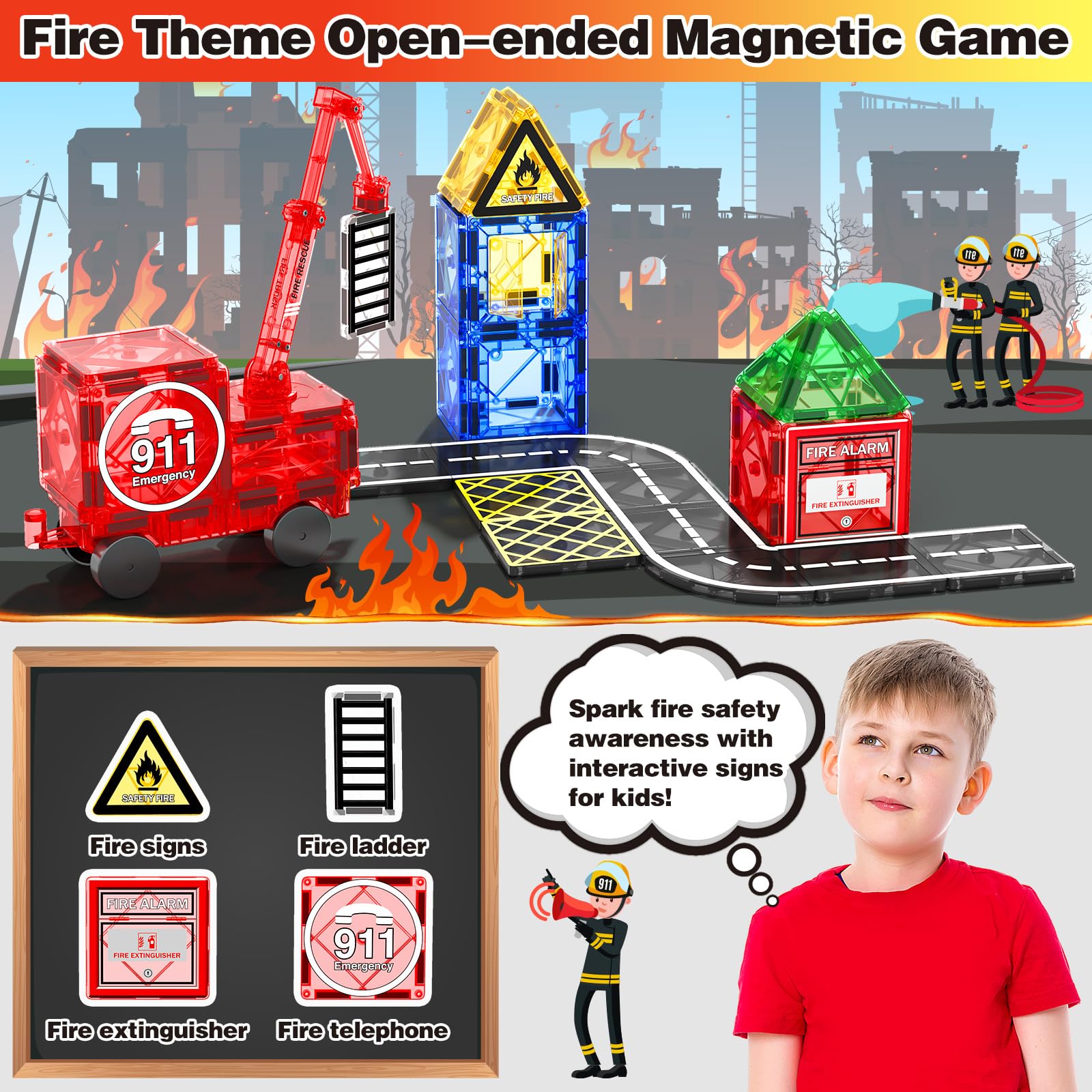 Magnetic Tiles Road Set with Magnetic Crane Edition, Magnet Building City Fire Kids Car Toys for 3 4 5 6 7 Years Old Boys Girls, Magworld Kids Games Construction STEM Toys for Boys Gifts