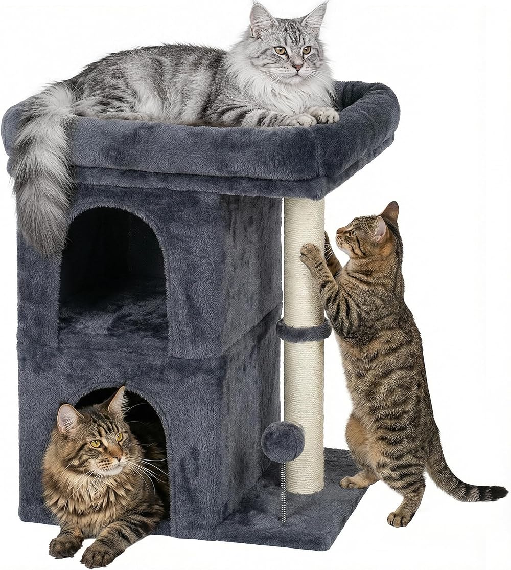Aechonow Cat Tree Tower 61cm Large Cat Condo 2 Beds Dark Gray