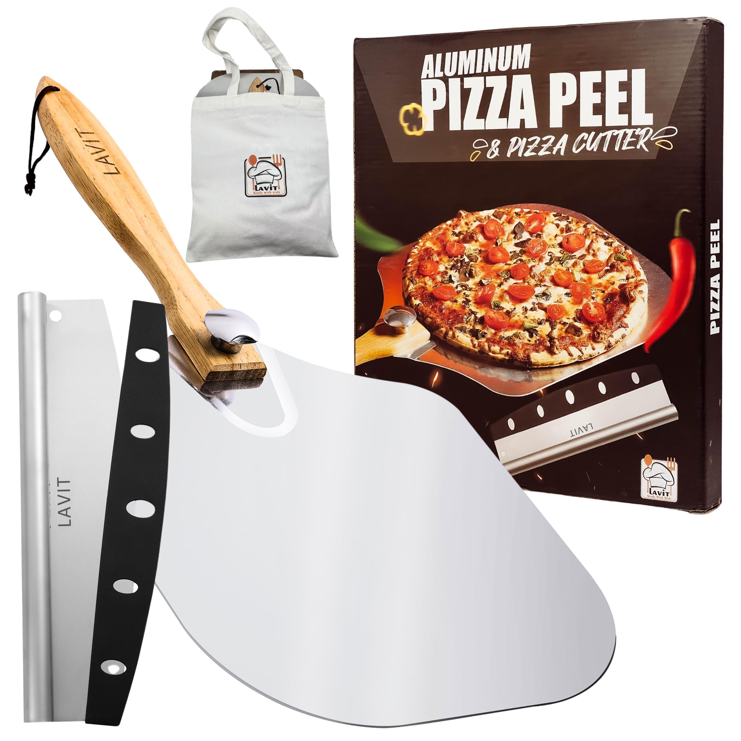 Photo 1 of Pizza Peel Aluminum Pizza Spatula - Lavit 12x14 Inch Pizza Pack Metal Peel with Wood Handle & Rocker Cutter, Pizza Paddle (Storage bag included), for Family Pizza Oven, Baking, Dough, Bread & Pastry