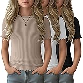 LessonZoo 3 Pack Girls' T Shirts Short Sleeve Tees Crew Neck Ribbed Tops Lettuce Trim Cute Basic Solid Tees for 5-14Y