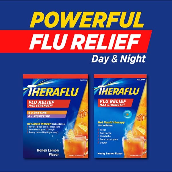 THERAFLU MAX STRENGTH DAYTIME FLU MEDICINE FOR FLU SYMPTOM RELIEF WITH ACETAMINOPHEN AND DEXTROMETHORPHAN HBR, HONEY LEMON FLAVORED – 6 POWDER PACKETS