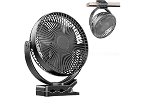 ATEngeus USB Desk Fan, Rechargeable Portable Fan, 8-Inch Clip on Fan, 10000mAh Stroller Fan, 4 Speeds Strong Airflow, 720° Rotation, with Sturdy Clamp, Suitable for home, office and stroller