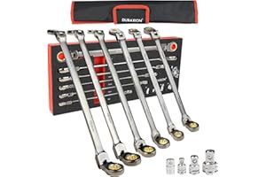 DURAXION Extra Long Flex Head Ratcheting Wrench Set 6PCS Metric (8-19mm)，Double Box End Wrench Set 180° Flexible Head CR-V St