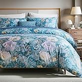 Cozaline 100% Cotton Duvet Cover Queen Size – Navy Blue Watercolor Floral Duvet Cover Set with Zipper Closure & Corner Ties, 3-Piece Silky Soft & Breathable Bedding Set for All Seasons
